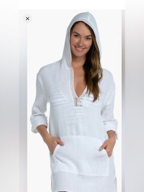 Women’s White Hooded Swim Cover-Up Tunic by 4our Dreamers- L
